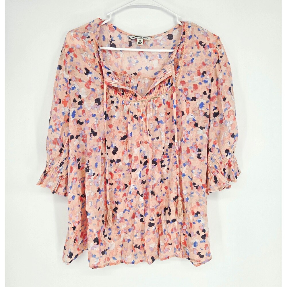 Zac & Rachel Woman Pink Abstract V-Neck Tie 3/4 Puff Sleeve Blouse 2X Plus